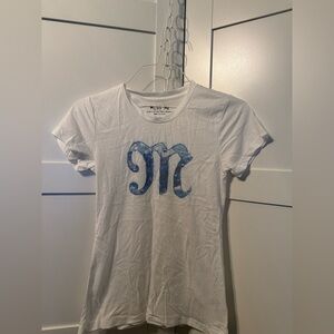 Miss Me Tee NWOT size small. White tee. Blue logo. Designer Jean maker. 50/50